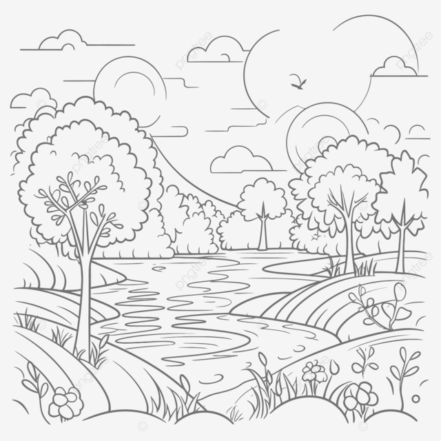 Dibujo de paisaje para colorear pãginas con ãrbol y un bosquejo del contorno rão vector png dibujos dibujo de arbol dibujo de rio dibujo de paisaje png y vector para dcargar gratis