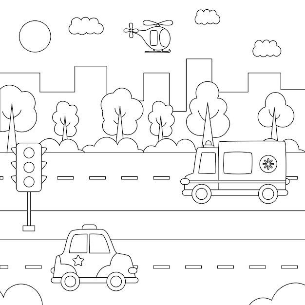 Premium vector coloring page for kids city view with transportation black and white urban landscape