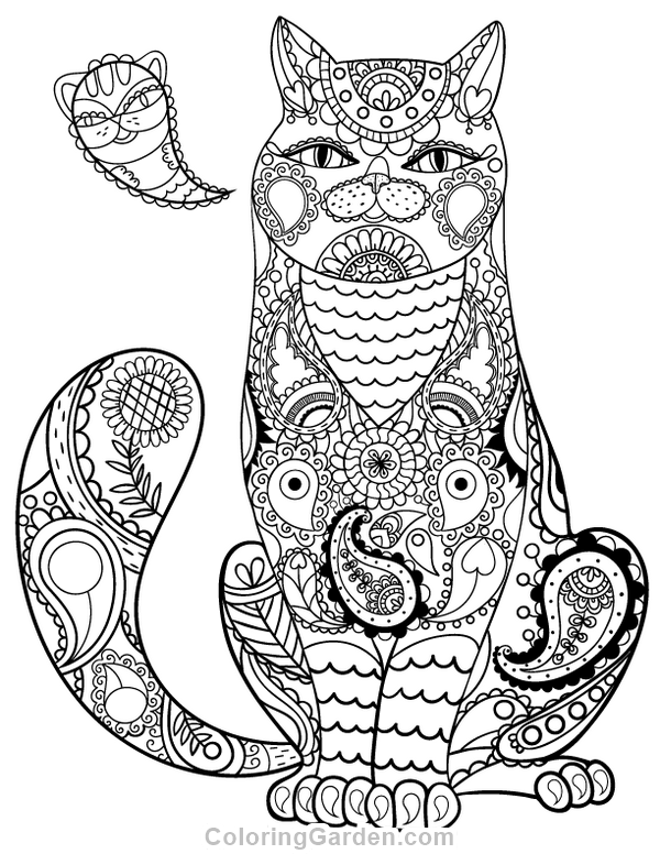 Paisley cat adult coloring page