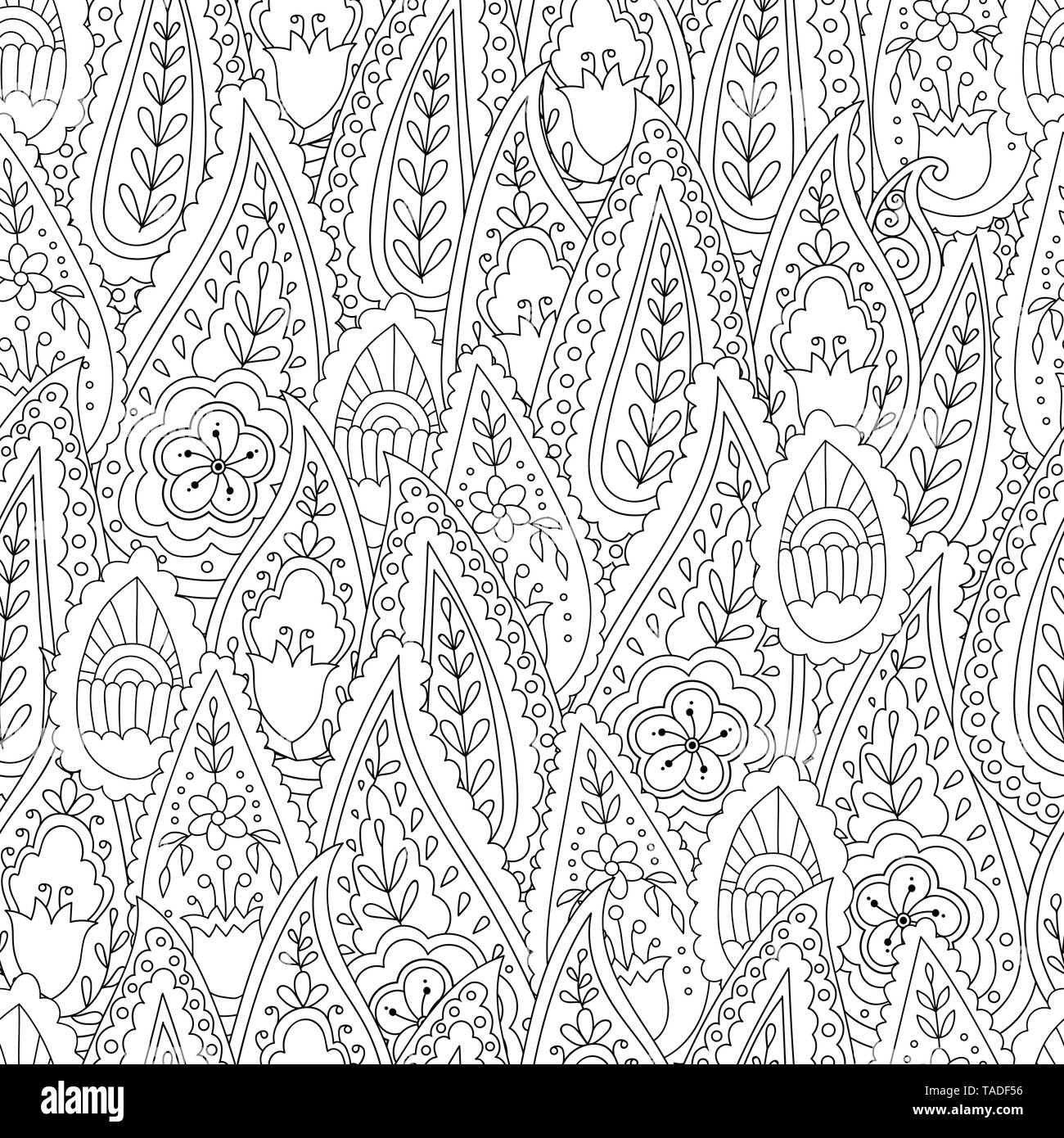 Abstract hand drawn outline doodle ornament seamless pattern with flowers and paisley coloring book for adult and older children stock vector image art