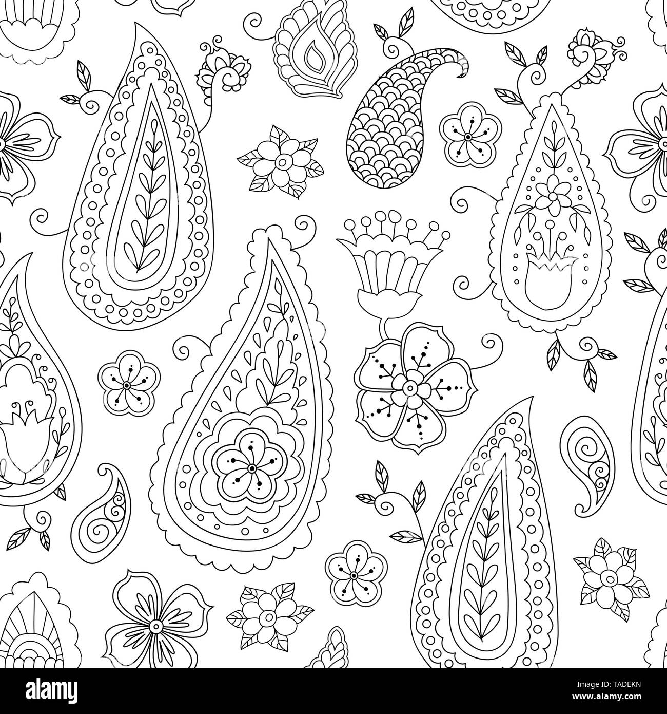 Abstract hand drawn outline doodle ornament seamless pattern with flowers and paisley coloring book for adult and older children stock vector image art