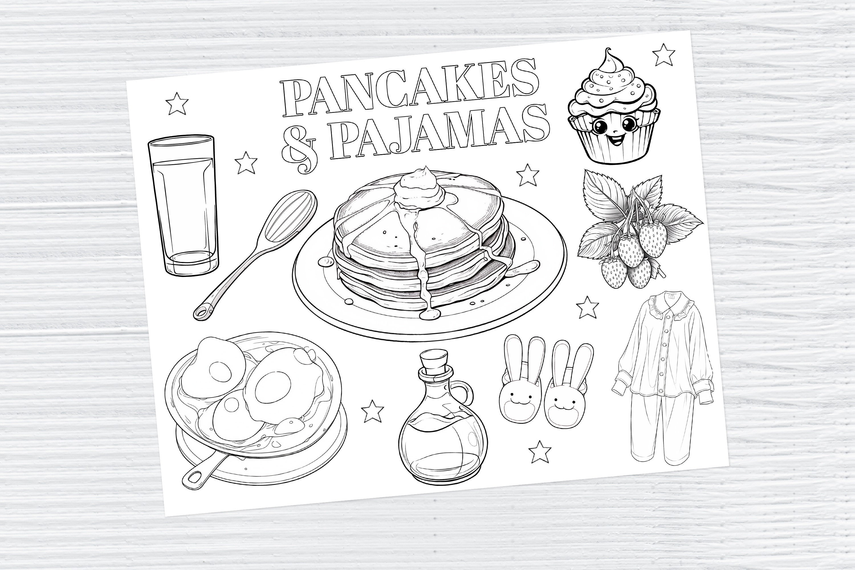 Printable pancakes and pajamas coloring sheet or placemat girls pajama party sleepover breakfast activity pancake birthday instant download