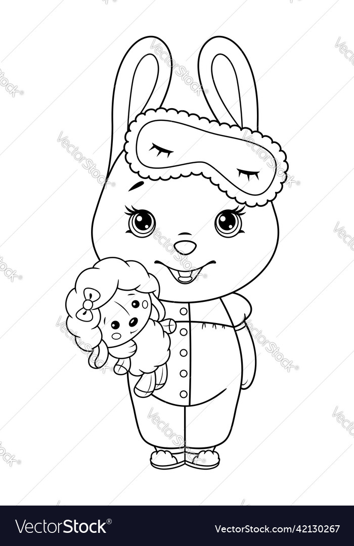 Cute bunny in pajamas with toy coloring page vector image