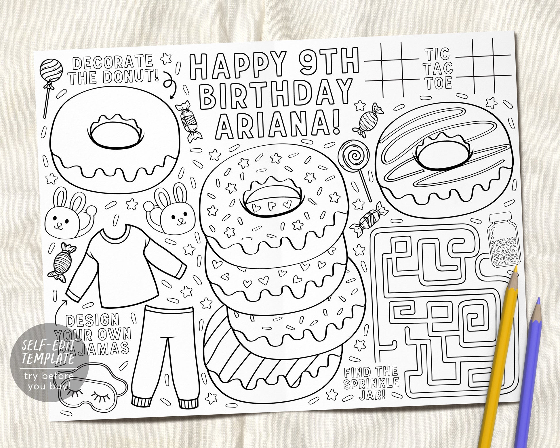 Donuts and pajamas birthday party coloring placemat for kids editable â puff paper co