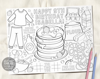 Pancakes and pajamas coloring placemat for kids editable template birthday pancake party coloring page sheet table mat pj sleepover