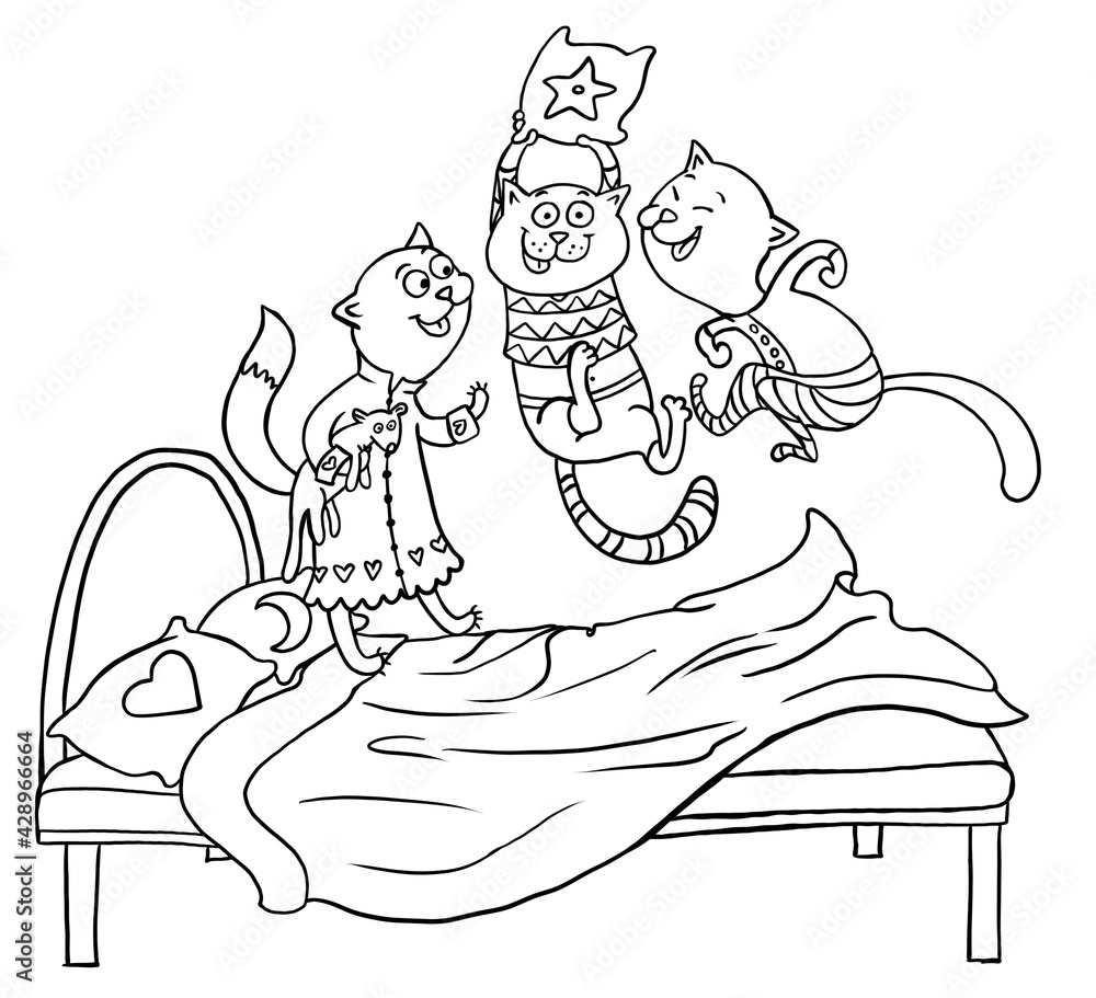 Hand drawn funny cartoon illustration of three little happy cats in pajamas jumping on a bed