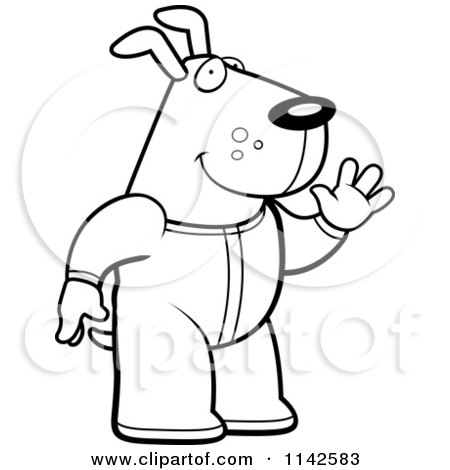 Cartoon clipart of a black and white waving dog in footie pajamas