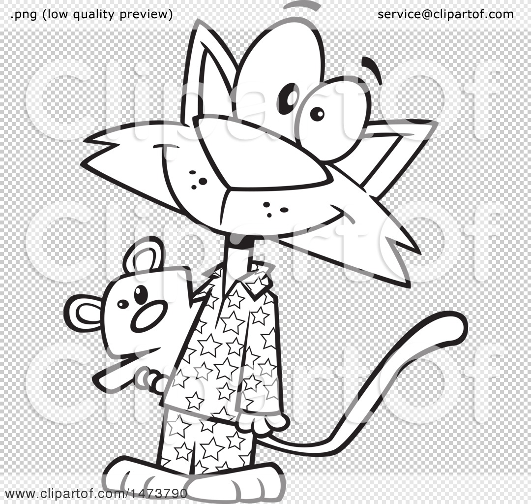 Clipart of a cartoon lineart happy cat wearing pajamas and holding a teddy bear