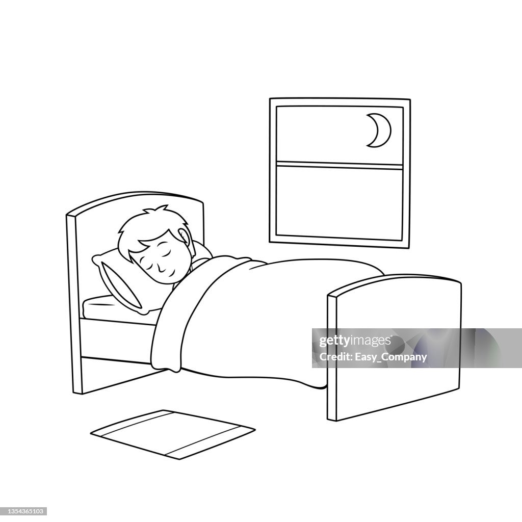 Black and white vector illustration of a childrens activity coloring book page with a picture of a sleeping boy high