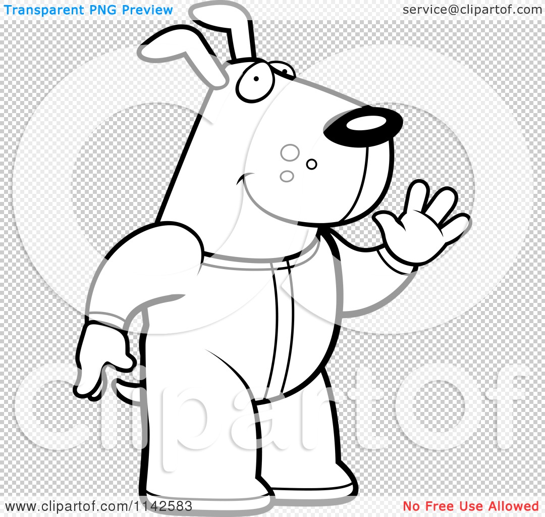 Cartoon clipart of a black and white waving dog in footie pajamas