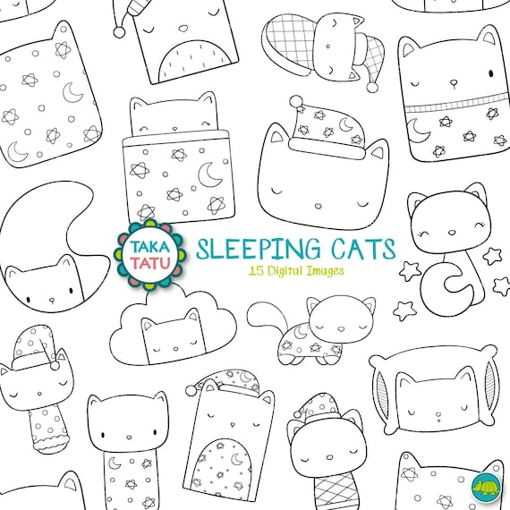 Sleeping cats clipart bedtime digital stamp good night doodles cats pajamas party sleepover black and white moon and stars