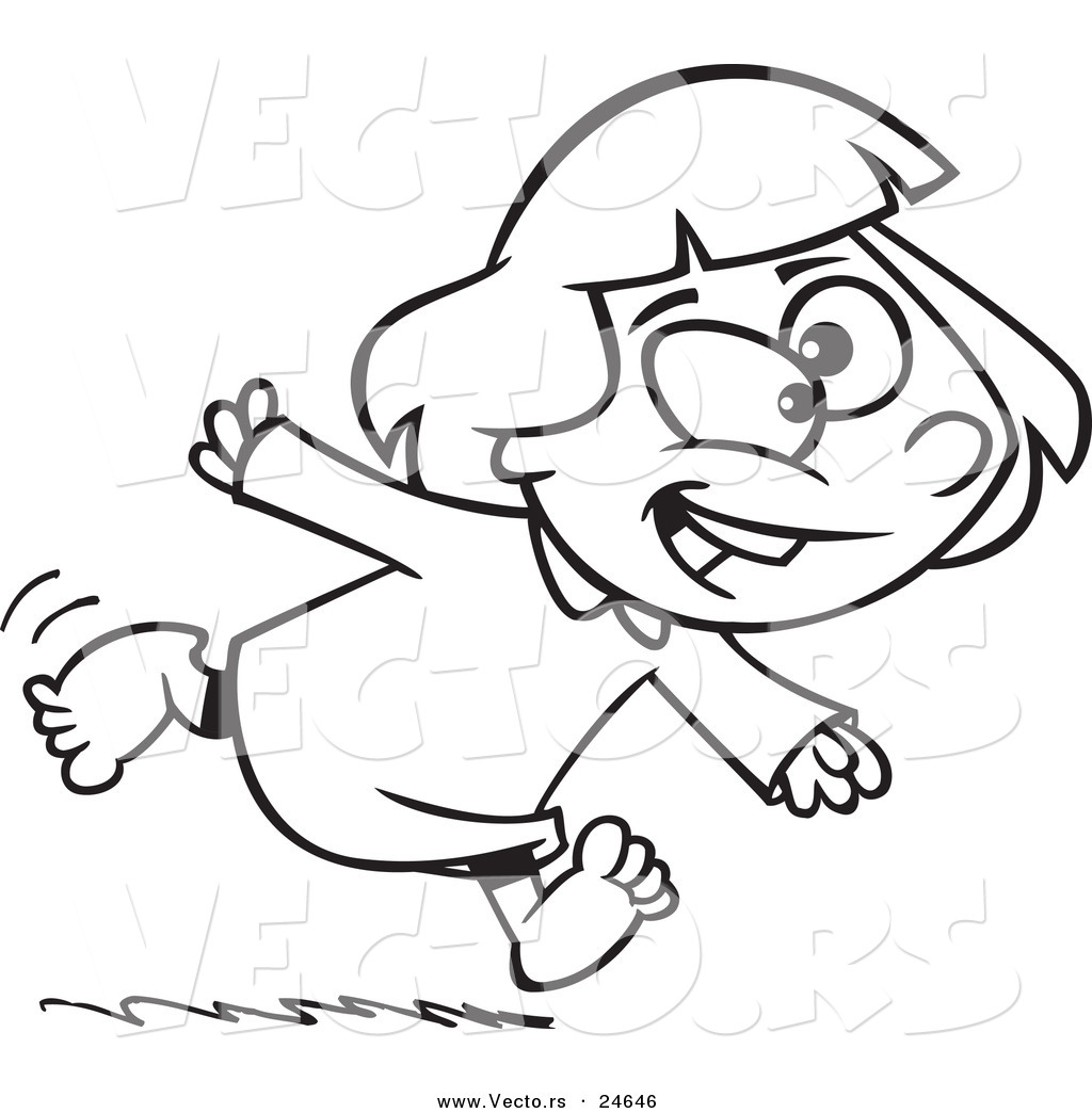 R of a cartoon excited girl running in her pajamas