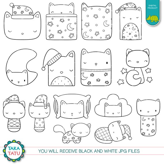 Sleeping cats clipart bedtime digital stamp good night doodles cats pajamas party sleepover black and white moon and stars