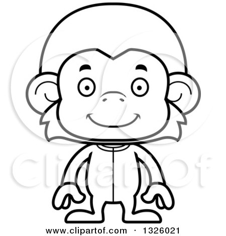 Lineart clipart of a cartoon black and white happy monkey wearing pajamas