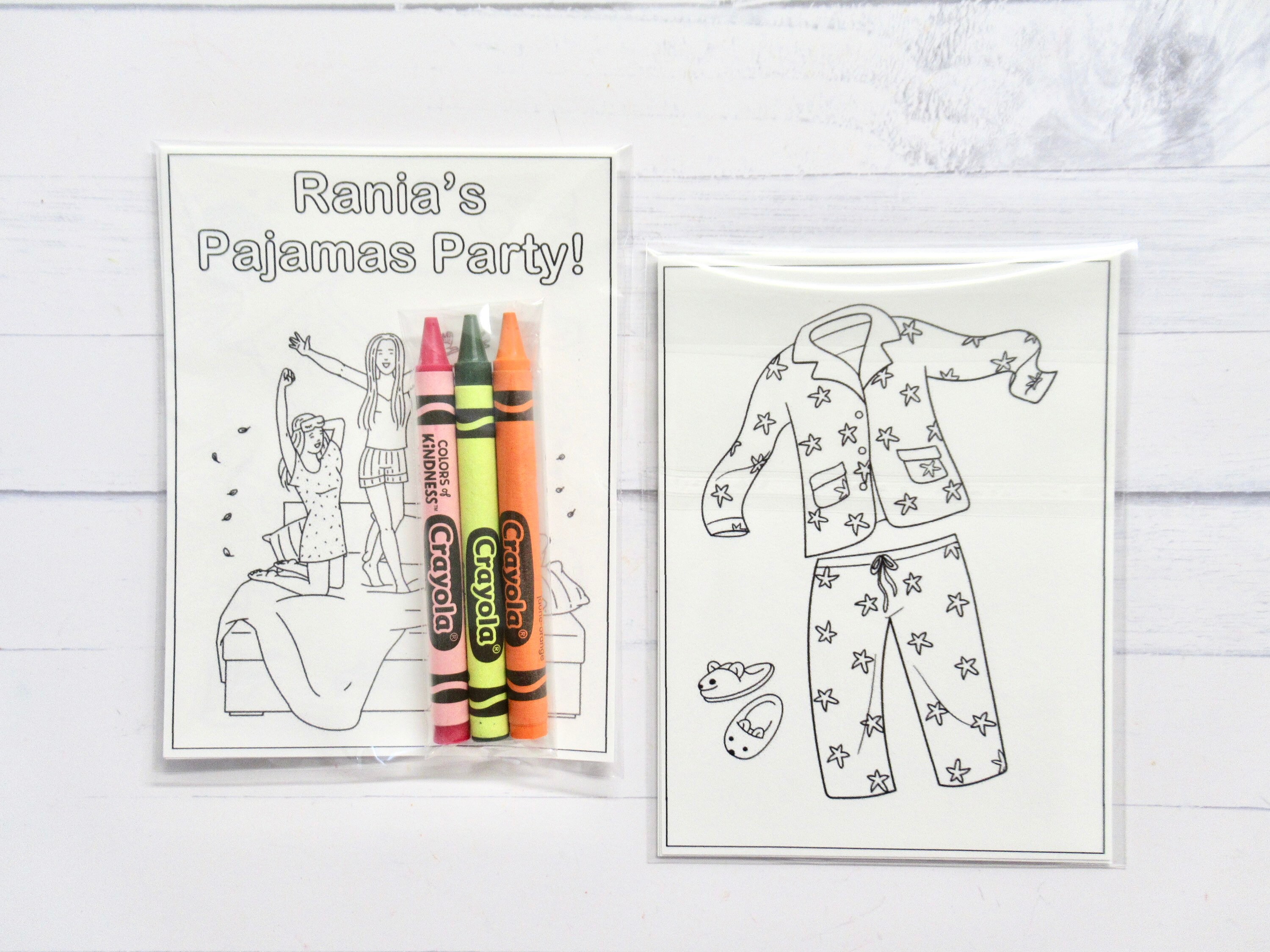 Pajamas party coloring pages and crayons bag child pajama party favors sleepover themed birthday party slumber party favors