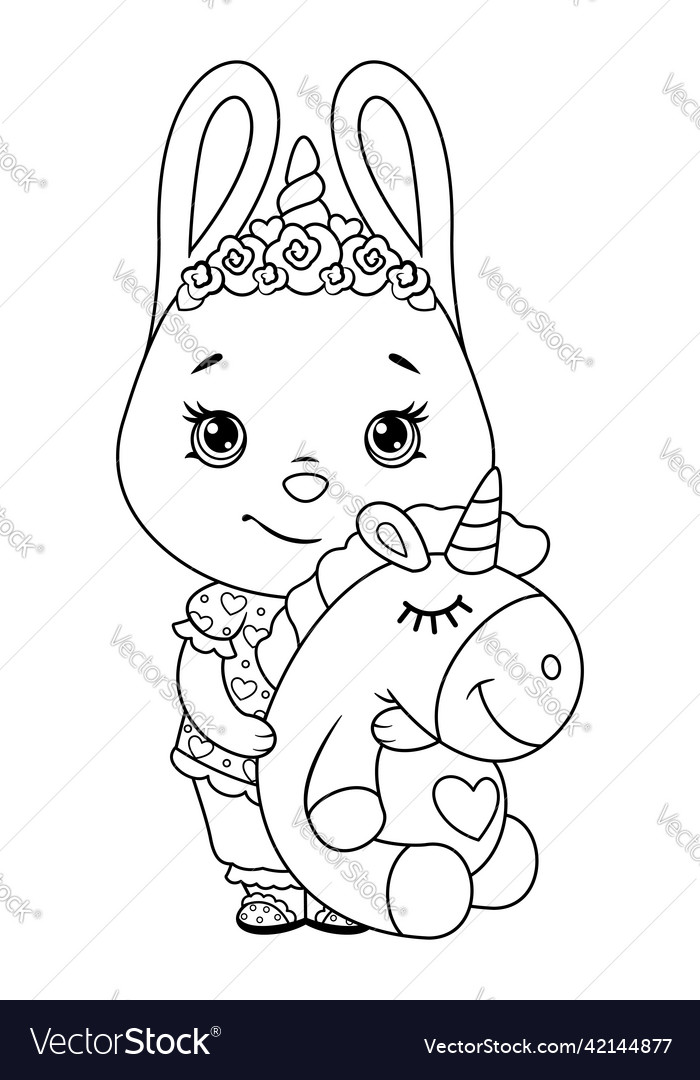 Bunny in pajamas with toy unicorn coloring page vector image