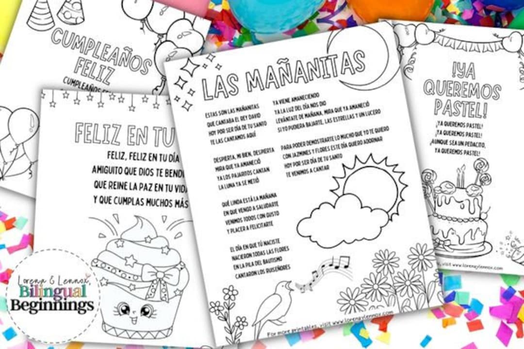 Happy birthday songs in spanish printable lyrics and coloring pages for kids instant download