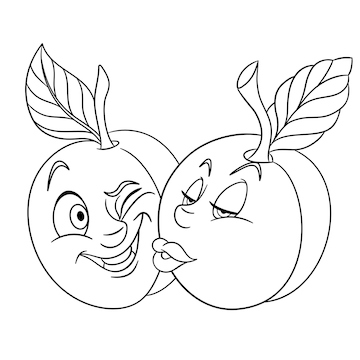 Premium vector cute plum and apricot kissing cartoon funny food emoji face kids coloring page