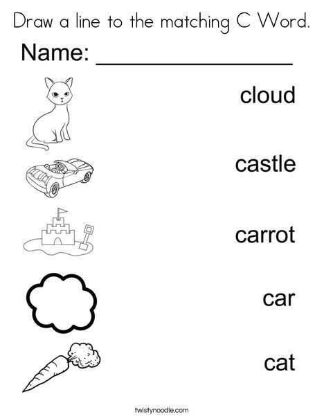 Draw a line to the matching c word coloring page words kindergarten reading alphabet prchool