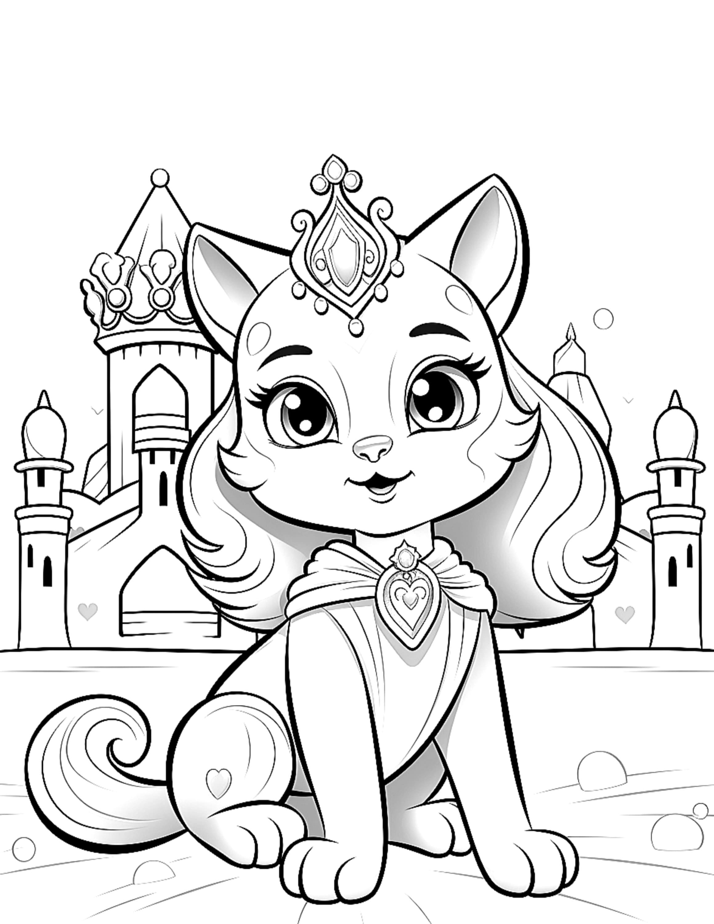 Five kitten princess coloring sheets for instant download