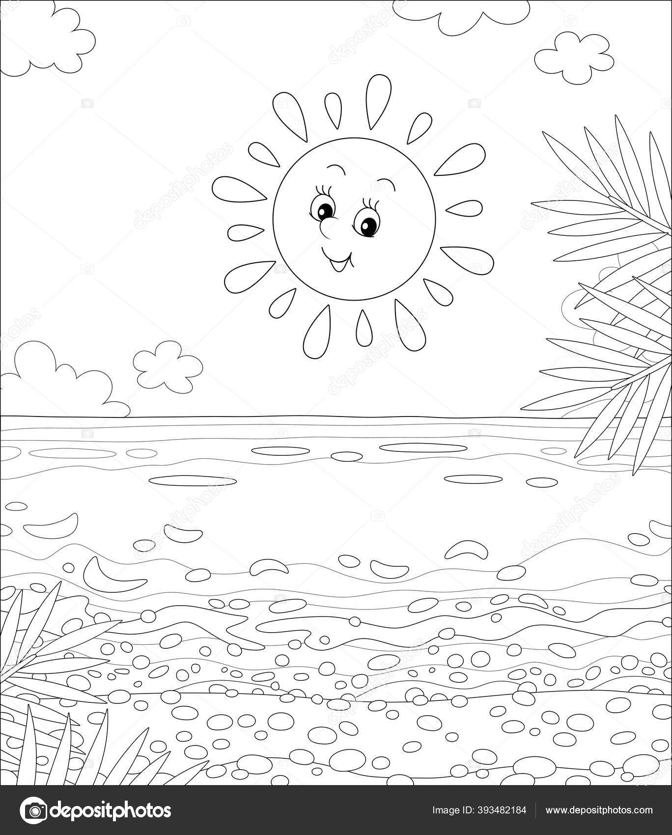 Friendly smiling sun shining sandy beach palm branches beautiful island stock vector by alexbannykh