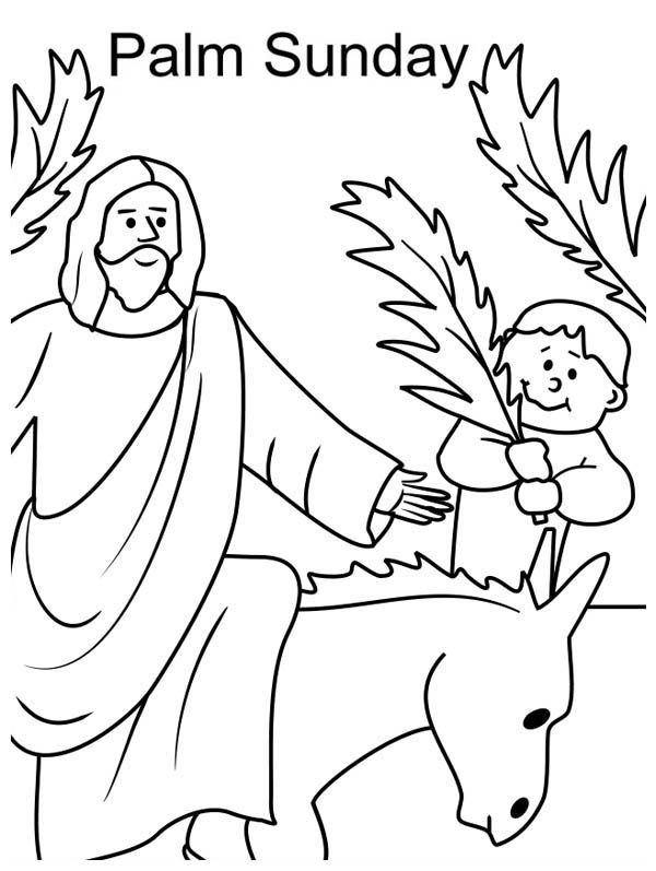 Kid wave palm tree branch in front of jesus in palm sunday coloring page color luna palm sunday crafts palm sunday sunday school coloring pages