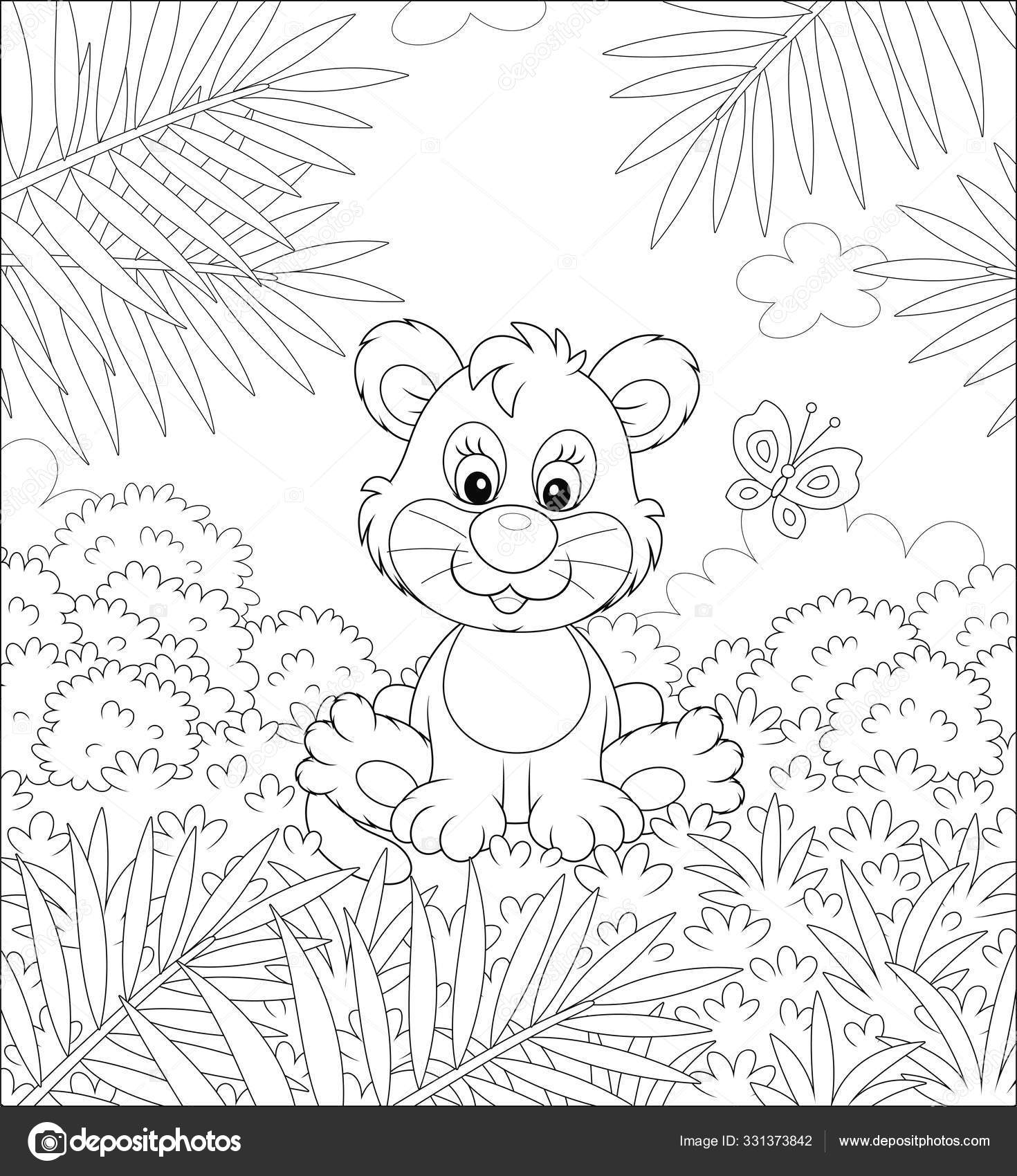 Little lion playing small butterfly background palm branches bushes savanna stock vector by alexbannykh