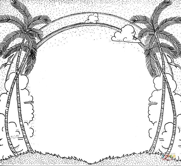 Palm and clouds cartouche coloring page free printable coloring pages