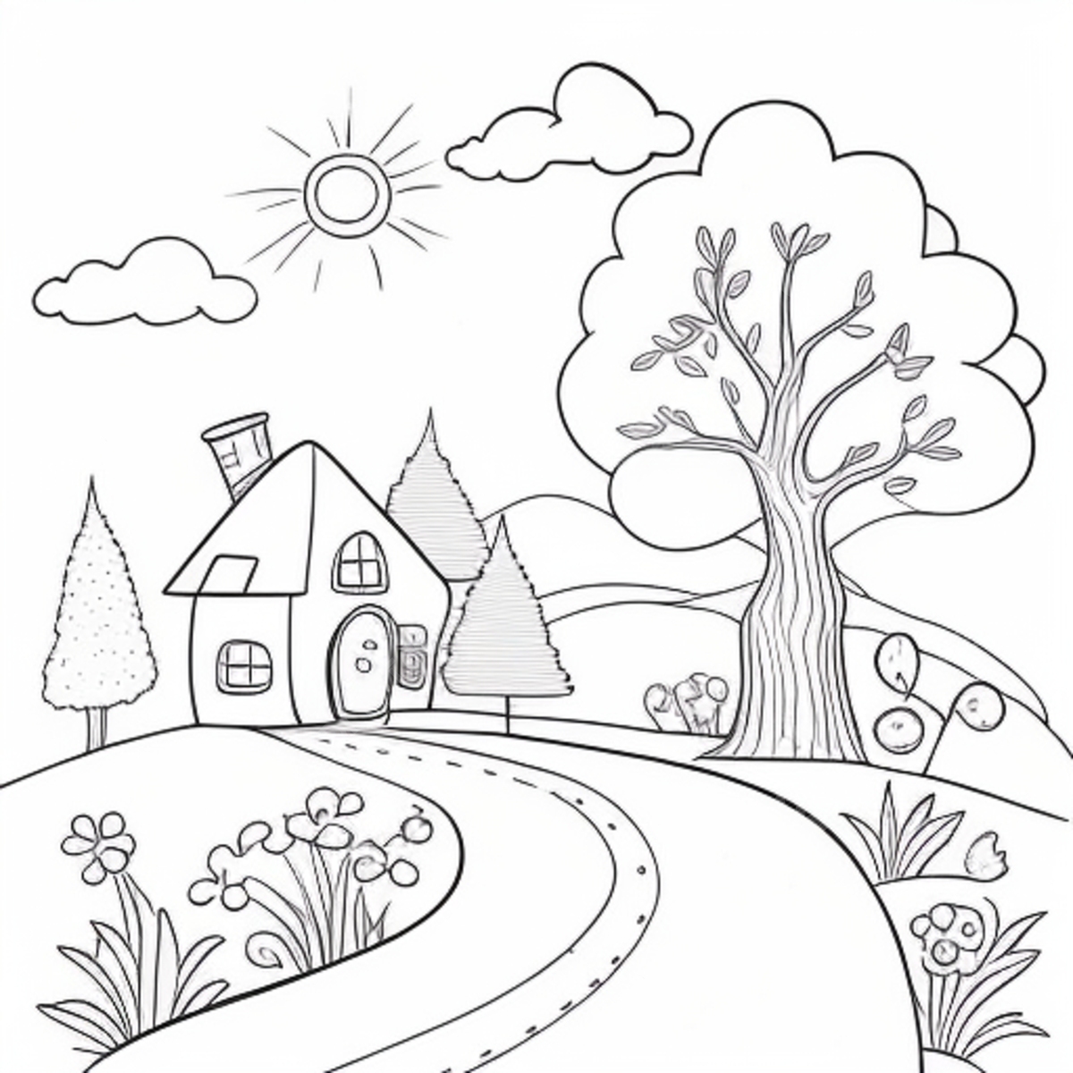 The road coloring page with a tree and a house tree drawing house drawing road drawing png transparent image and clipart for free download