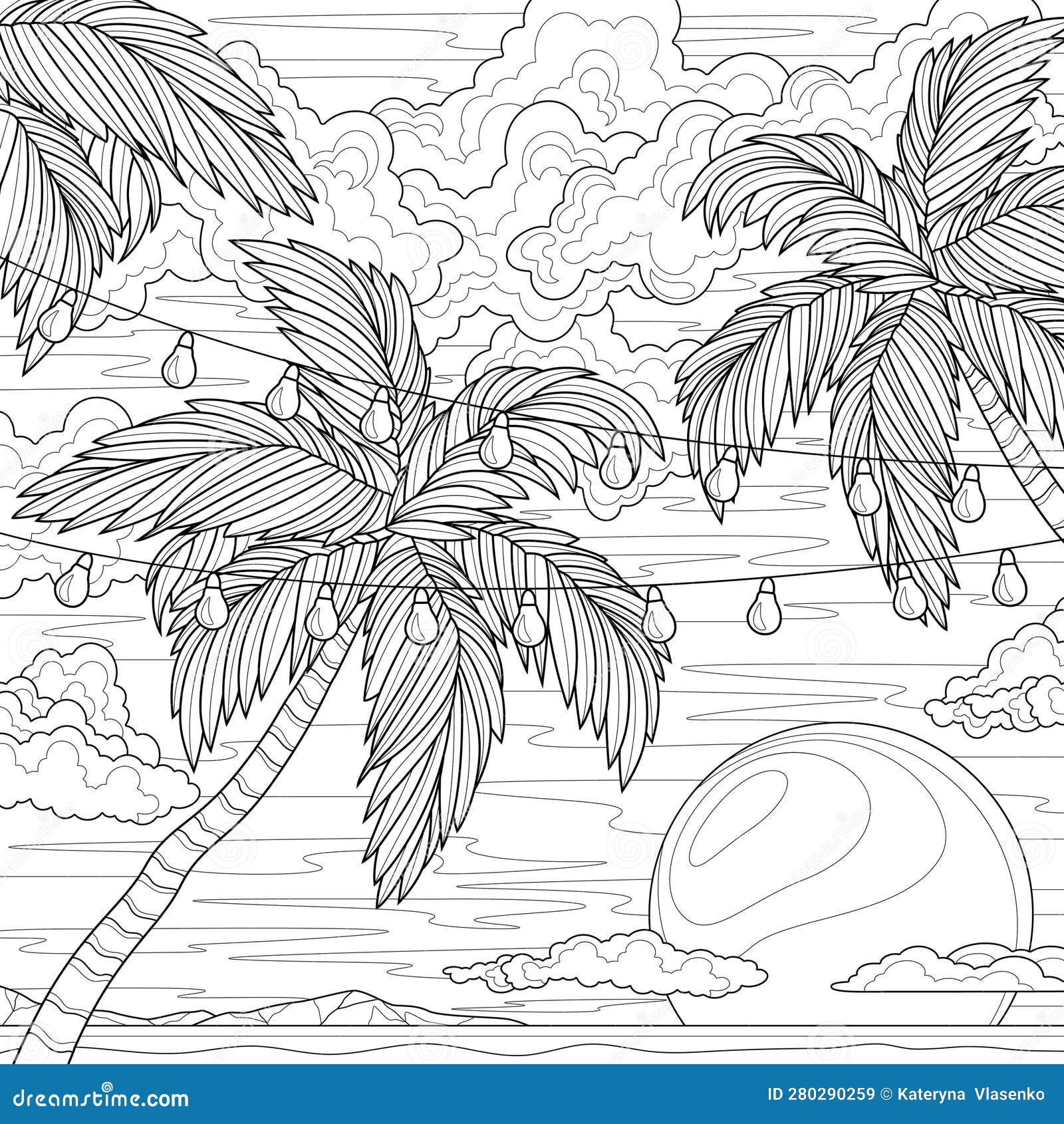 Palm trees and sunsetcoloring book antistress for children and adults stock vector