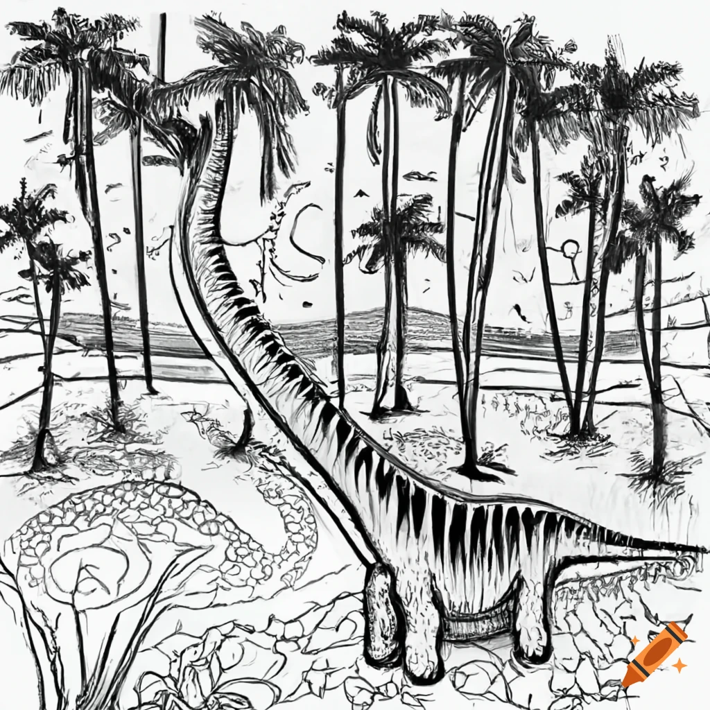 Coloring page with diplodocus and palm trees on