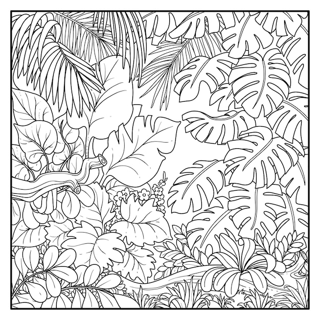 Premium vector wild jungle with big palm leaves black contour line drawing for coloring on a white background