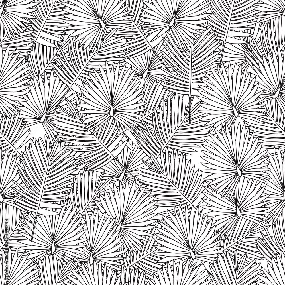 Coloring page for adult coloring bookseamless backgroundpalm leavesblack and white vector