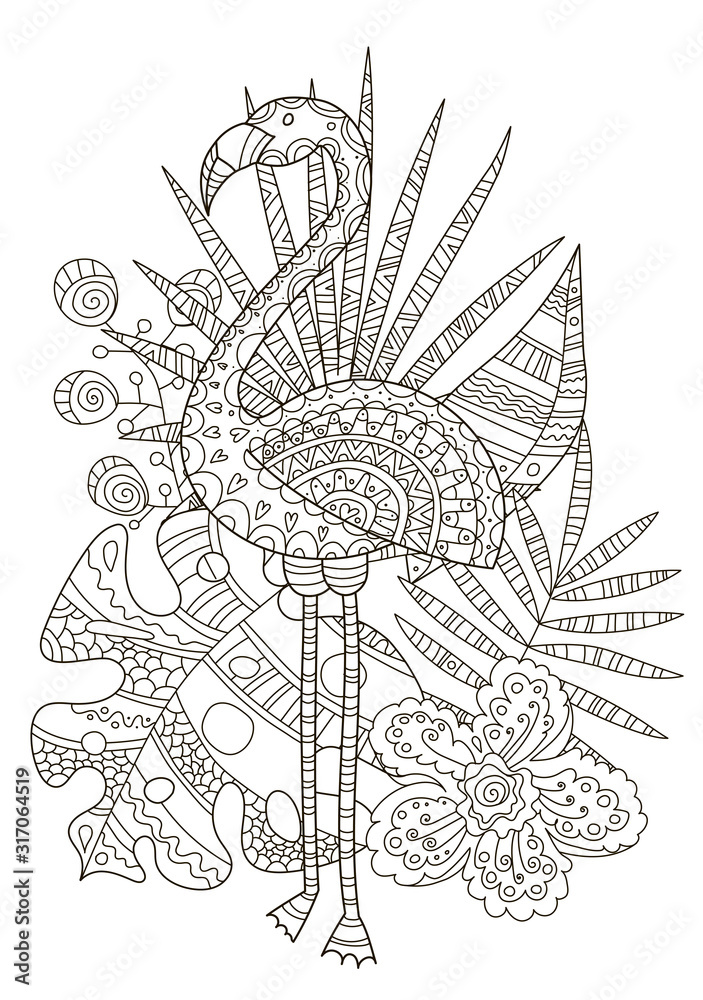 Hand drawing coloring pages for children and adults a beautiful pattern with small details for creativity antistress coloring book with tropics flamingo among palm leaves monster and flowers vector