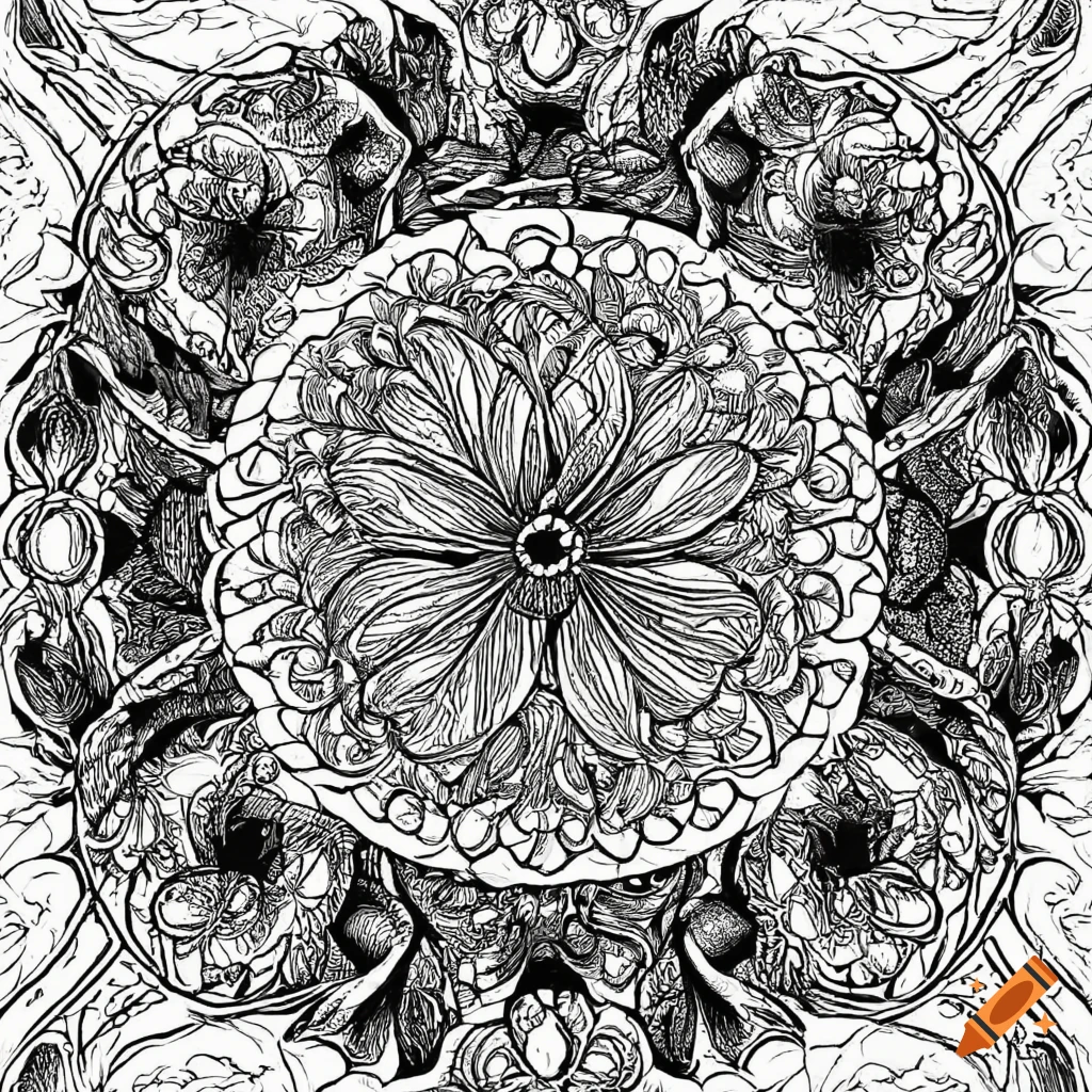 Black and white coloring page of a lotus flower plant in a circle like a wreath with palm leaves on