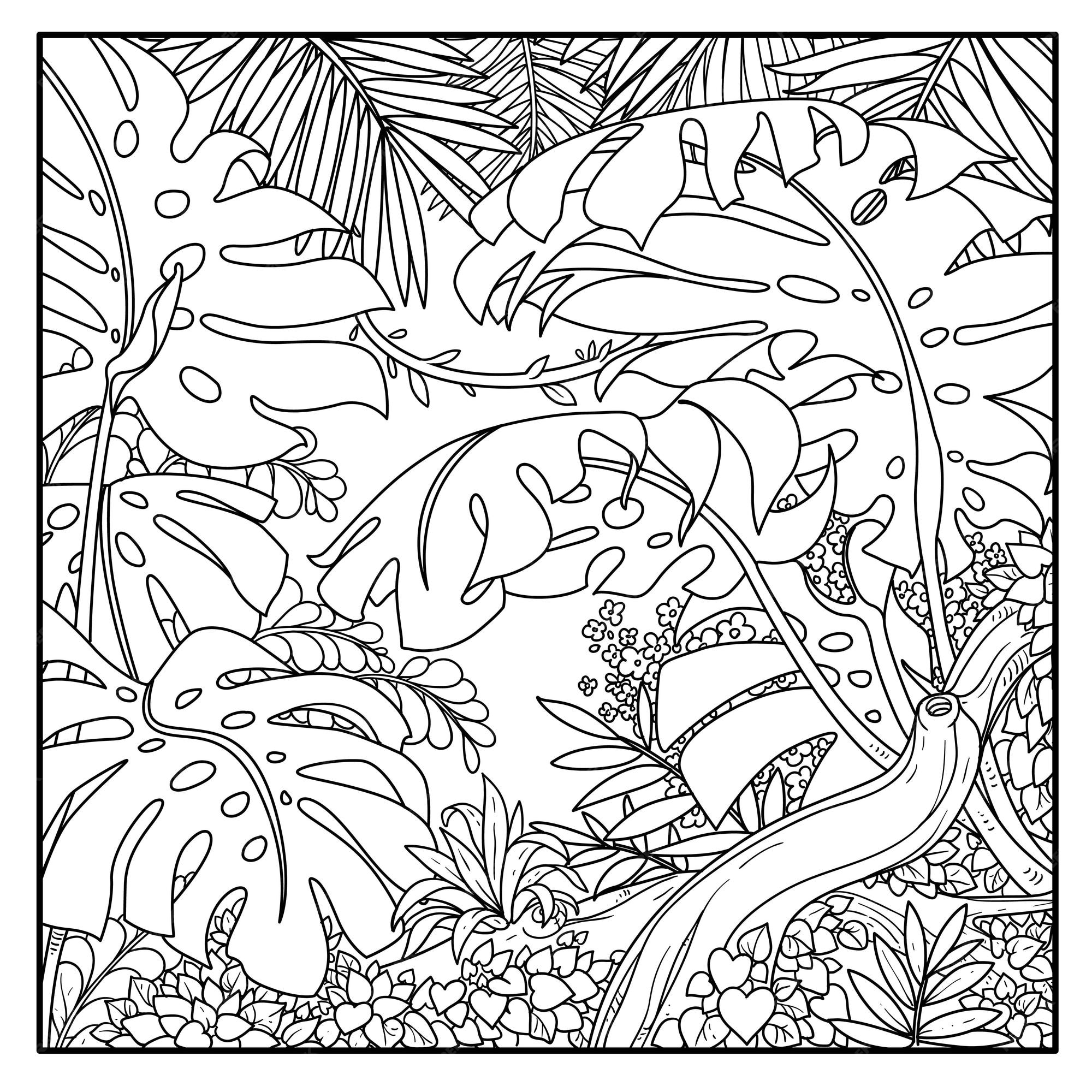 Premium vector wild jungle with big palm leaves and branch black contour line drawing for coloring on a white background