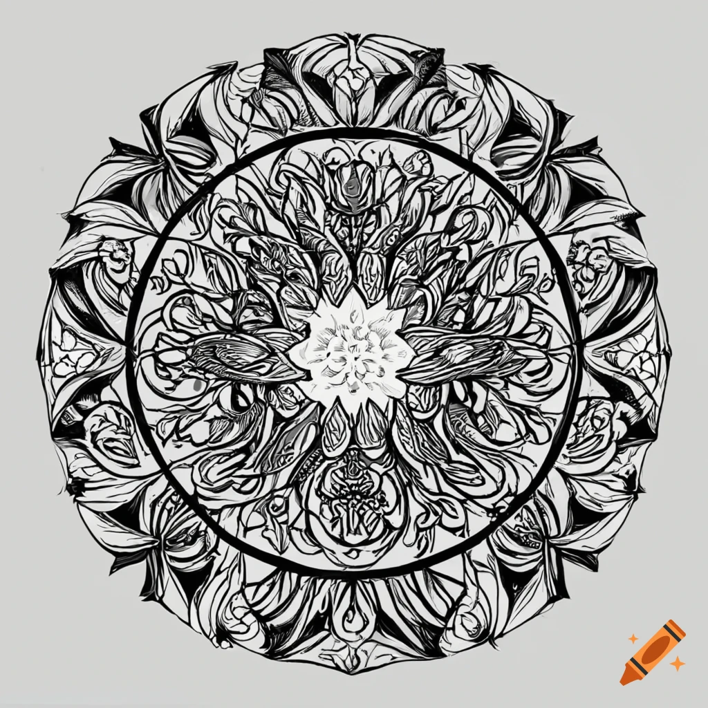 Black and white coloring page of a lotus flower plant in a circle like a wreath with palm leaves on