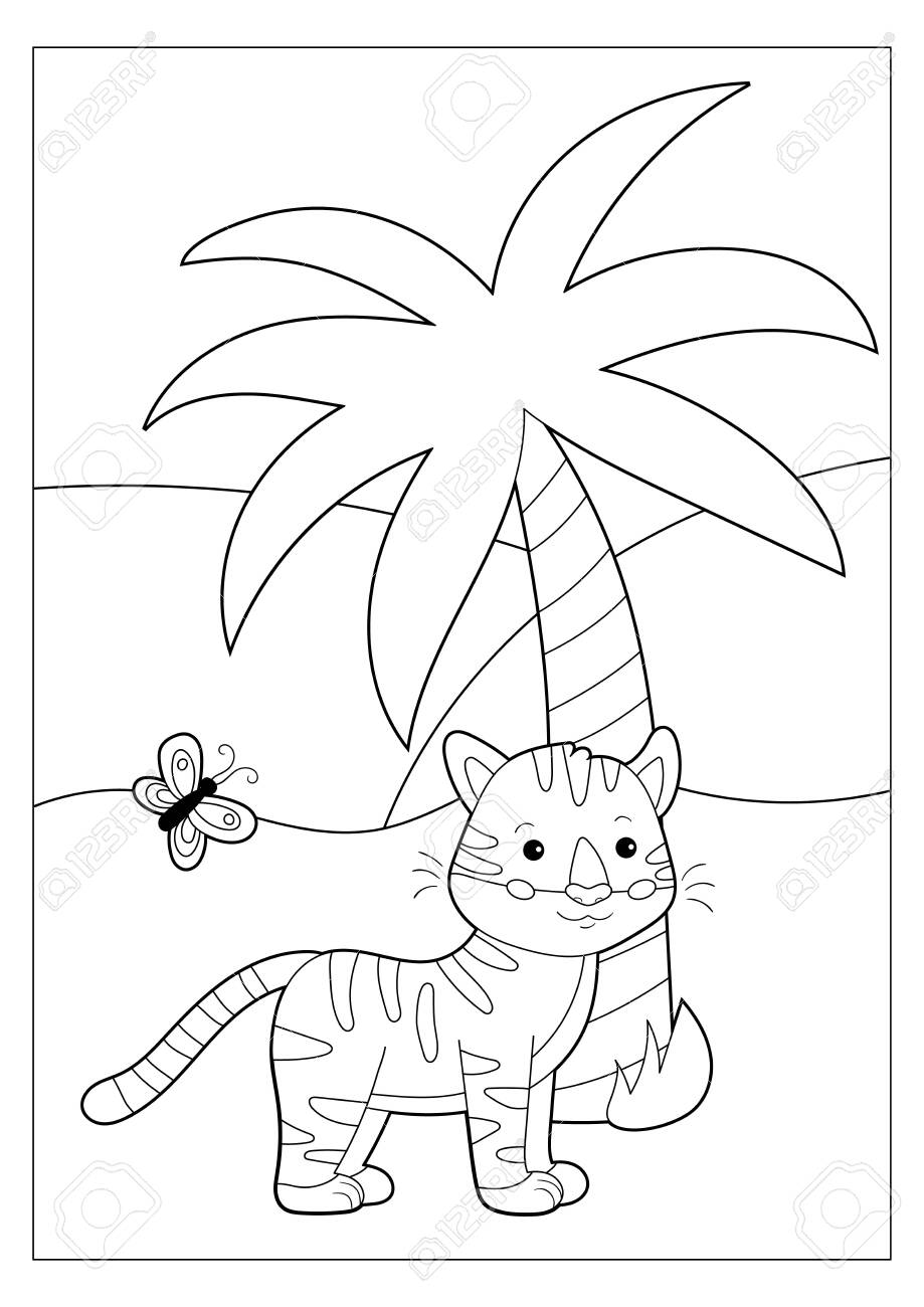 Coloring book or page for children cute cartoon kawaii tiger palm tree and butterfly outline illustration black and white educational game for kids royalty free svg cliparts vectors and stock illustration image