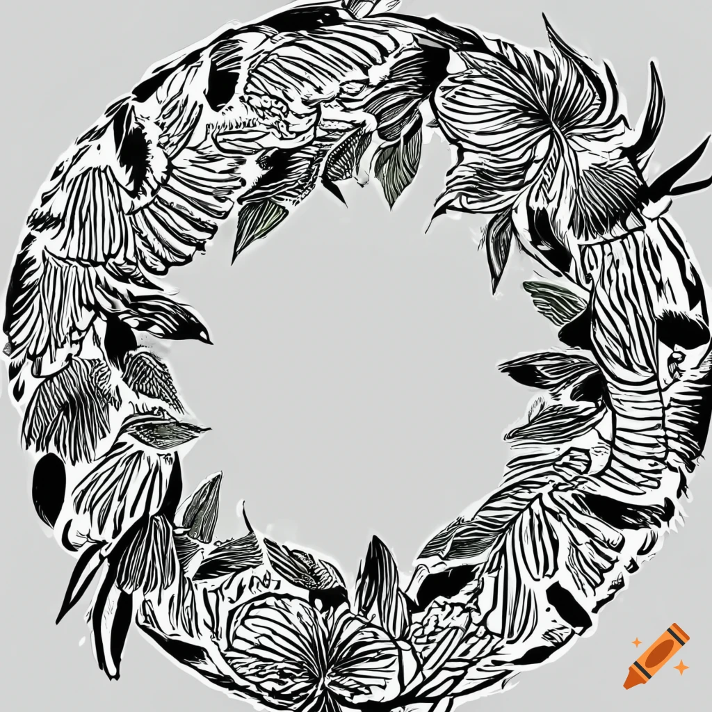 Black and white with a white background parrots beak plants in a circle like a wreath with palm leaves around it light lines coloring book on