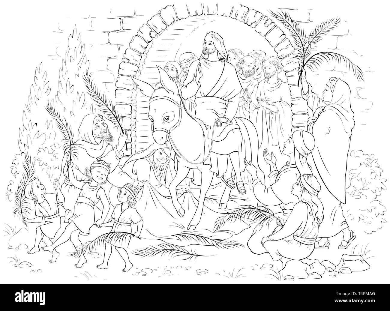 Entry of our lord into jerusalem palm sunday coloring page jesus christ riding a donkey crowds wele him with palm fronds spread clothes before stock photo