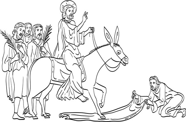 Premium vector line art drawing illustration of jesus on palm sunday riding donkey being greeted by believers done in medieval style on isolated background in black and white