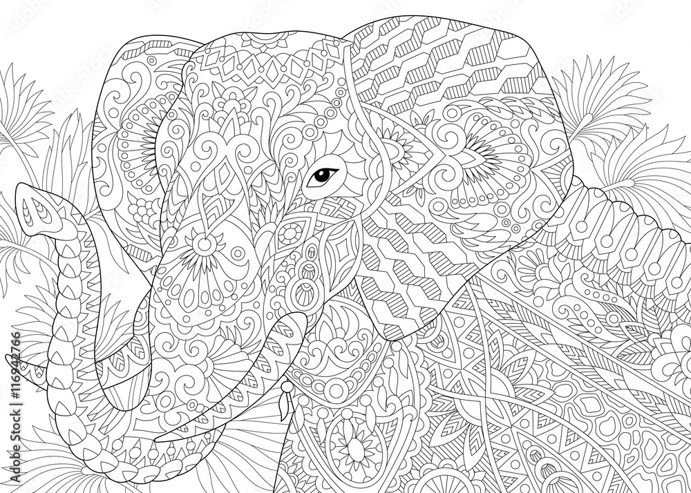 Stylized elephant among leaves of palm tree freehand sketch for adult anti stress coloring book page with doodle and zentangle elements vector