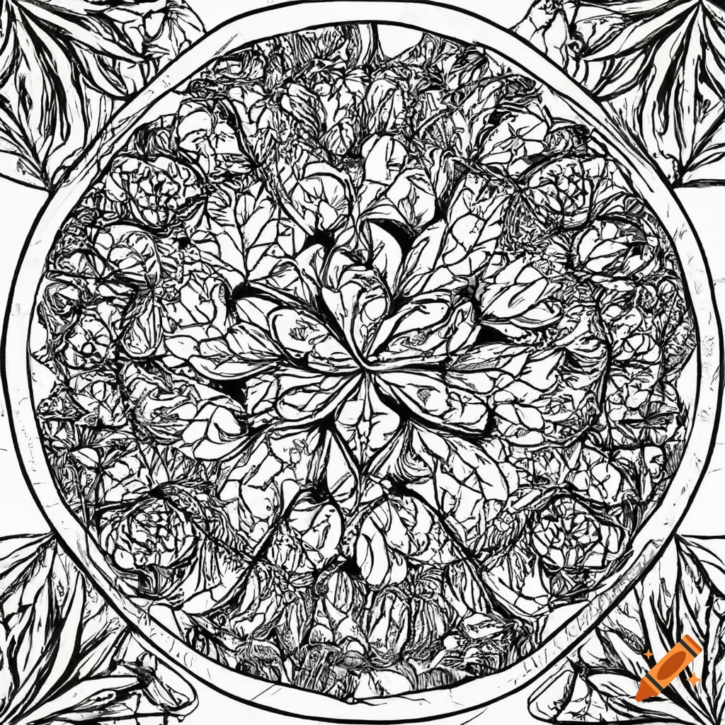 Black and white coloring page of a bougainvillea plant in a circle like a wreath with palm leaves on