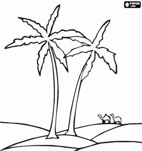 Palm trees in the dunes of the desert with camels in the distance coloring page tree coloring page coloring pages disney coloring pages