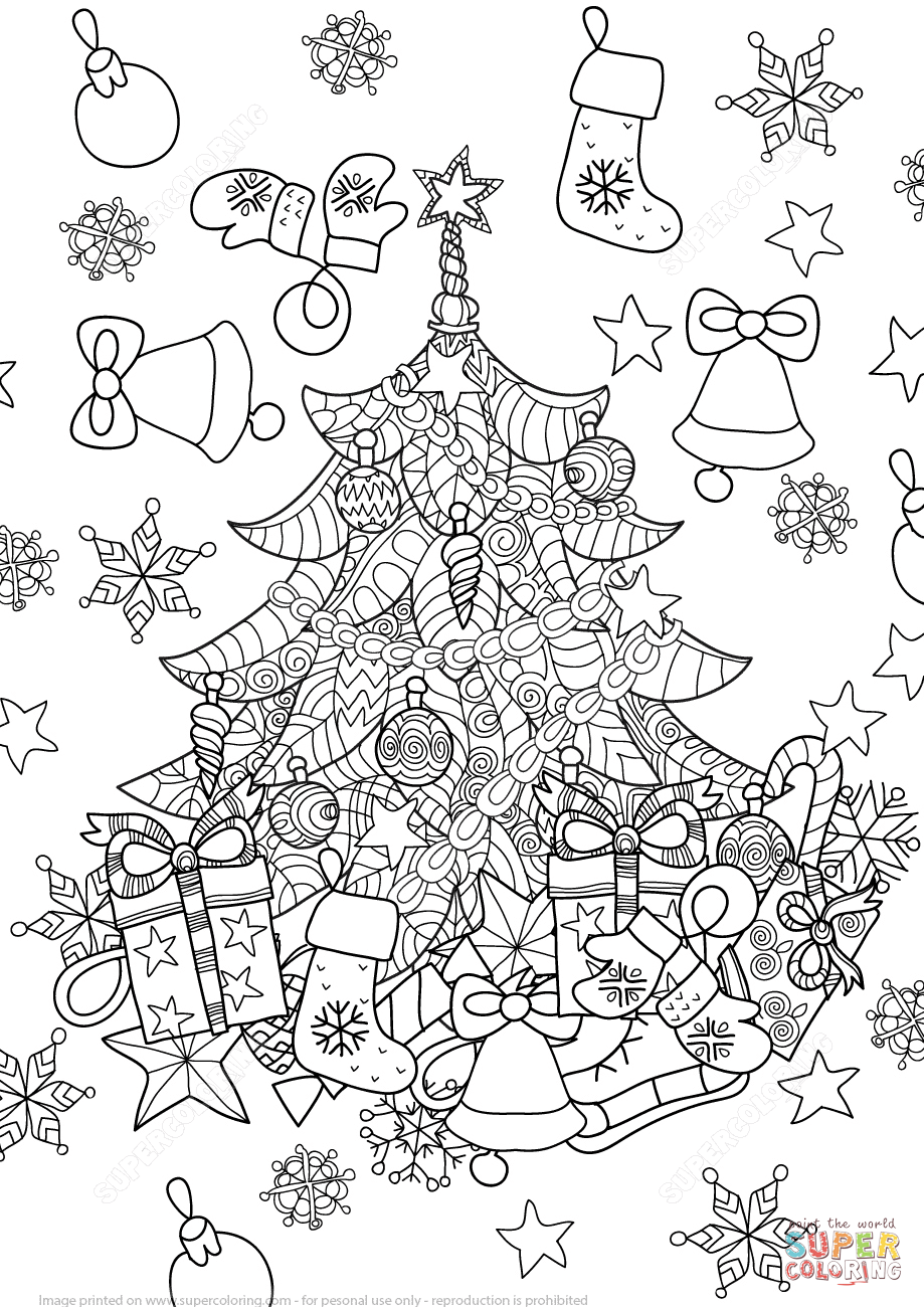 Christmas tree zentangle coloring page free printable coloring pages