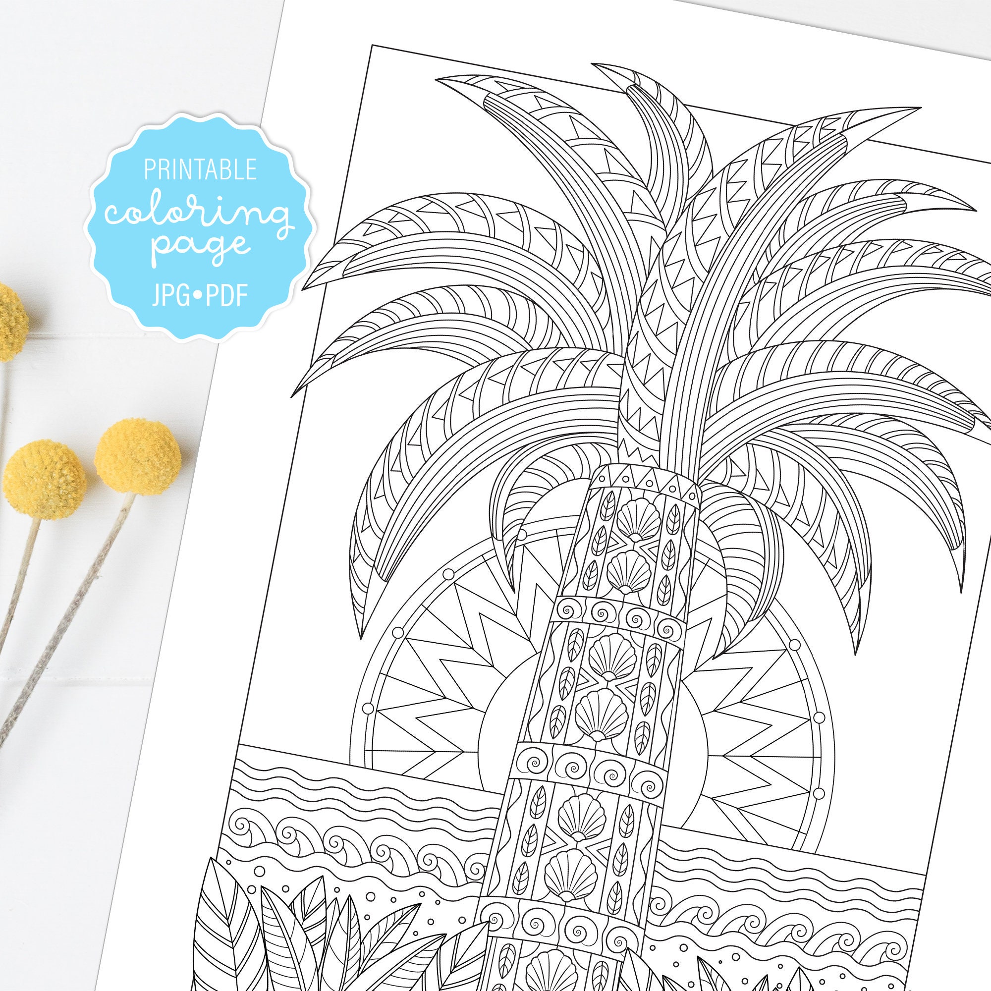 Tropical palm coloring page palm tree adult coloring sheet printable or digital