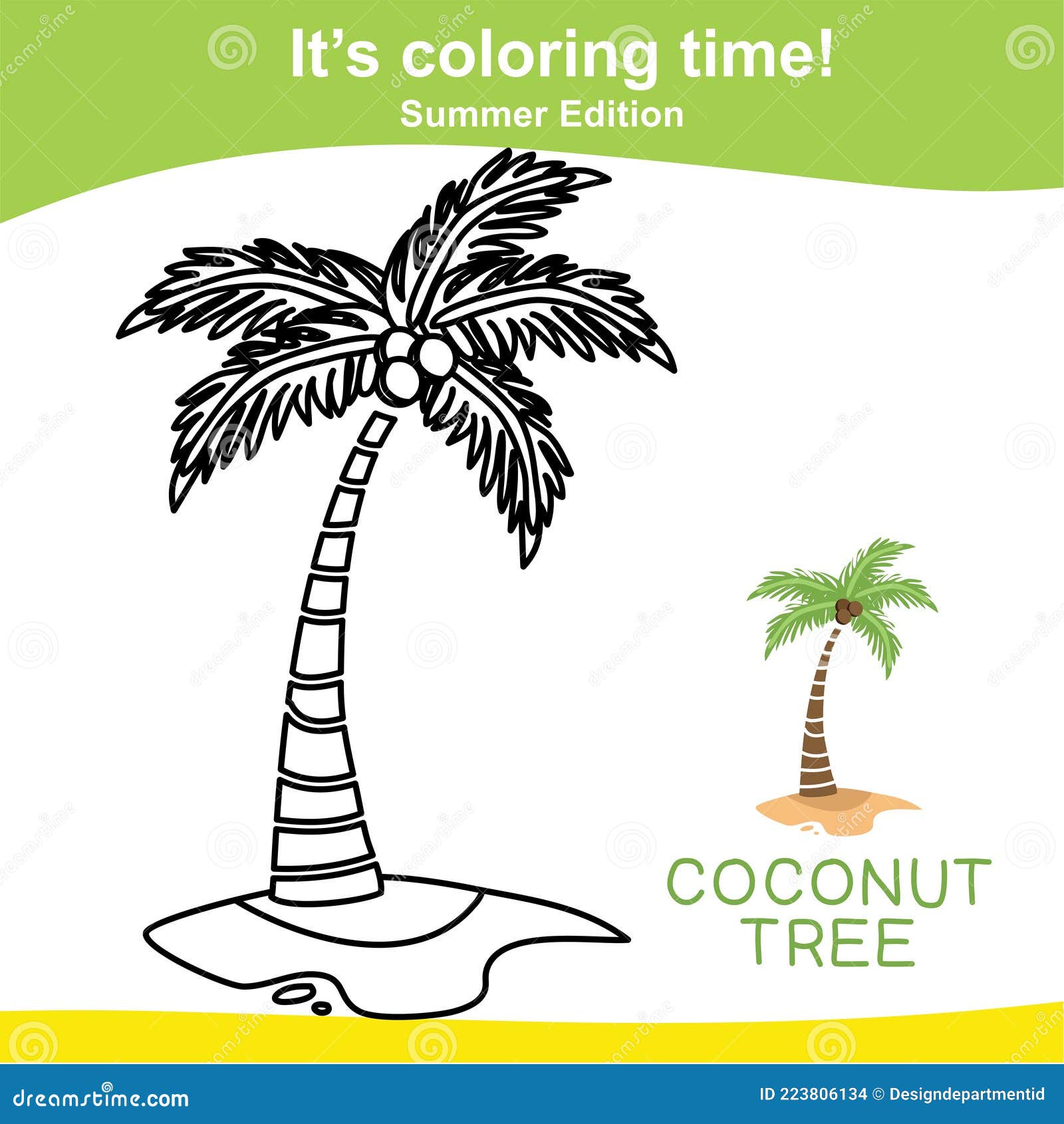 Coloring coconut tree worksheet page educational printable coloring worksheet stock vector