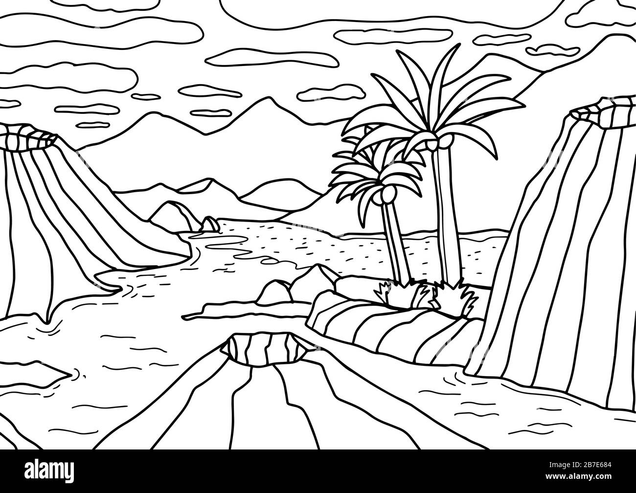 Mountains volcanoes and palm trees by the ocean coloring book for children and adults antistress coloring page vector outline illustration stock vector image art