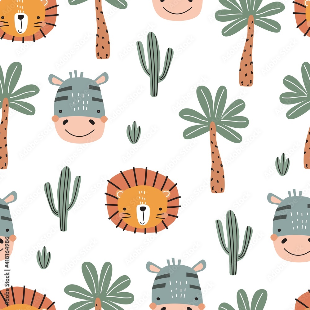 Seamless pattern with tiger zebra cactus and palm tree on colored background vector illustration for printing on fabric postcard wrapping paper book picture wallpaper cute baby background vector