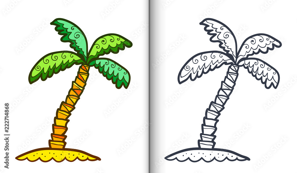 Vector doodle style green palm tree coloring book pages with clear lineart and colored sample vector